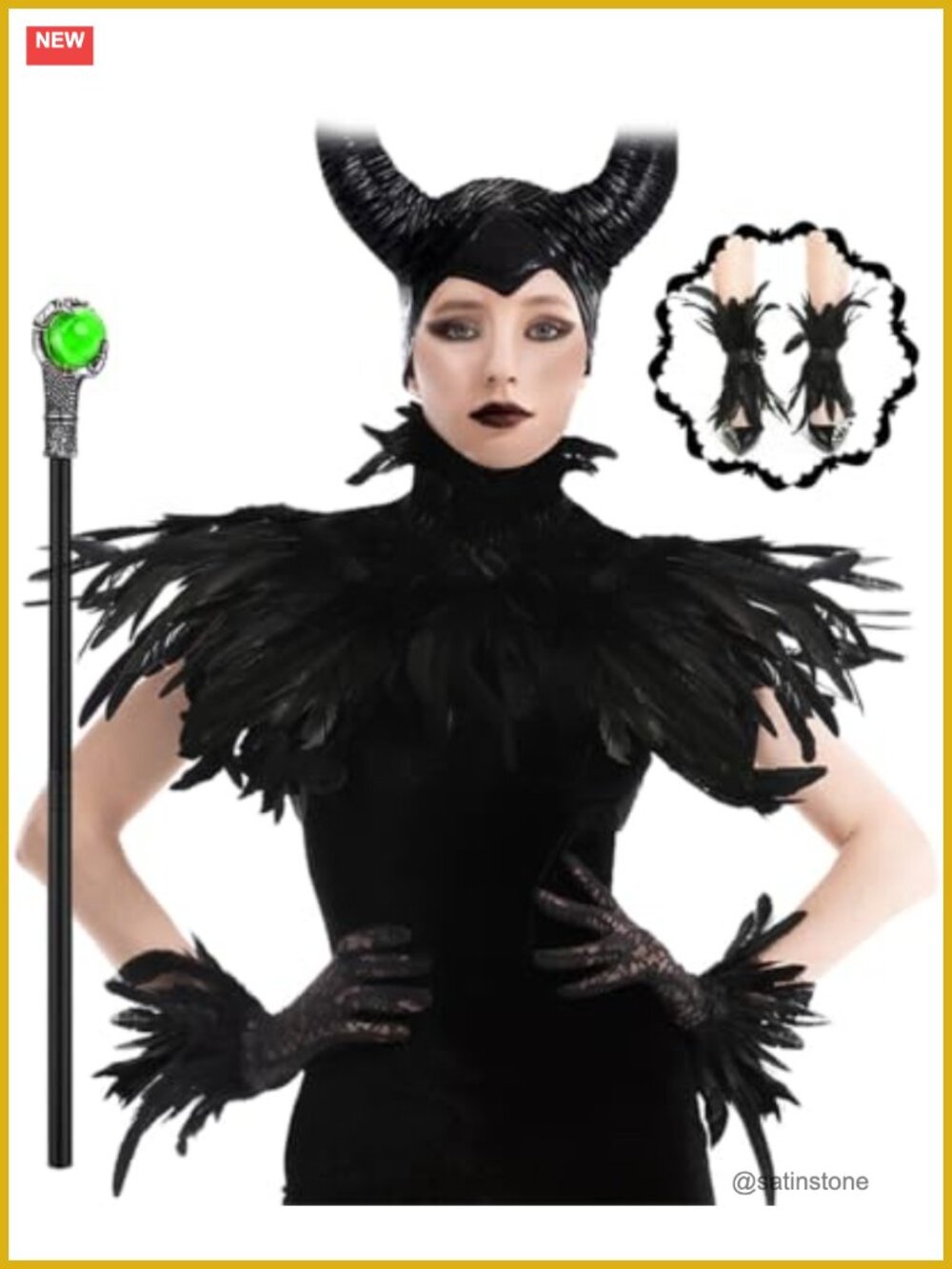 Gothic Black Crow Costume Set Horn Staff Feather Cape Gloves Footcovers
